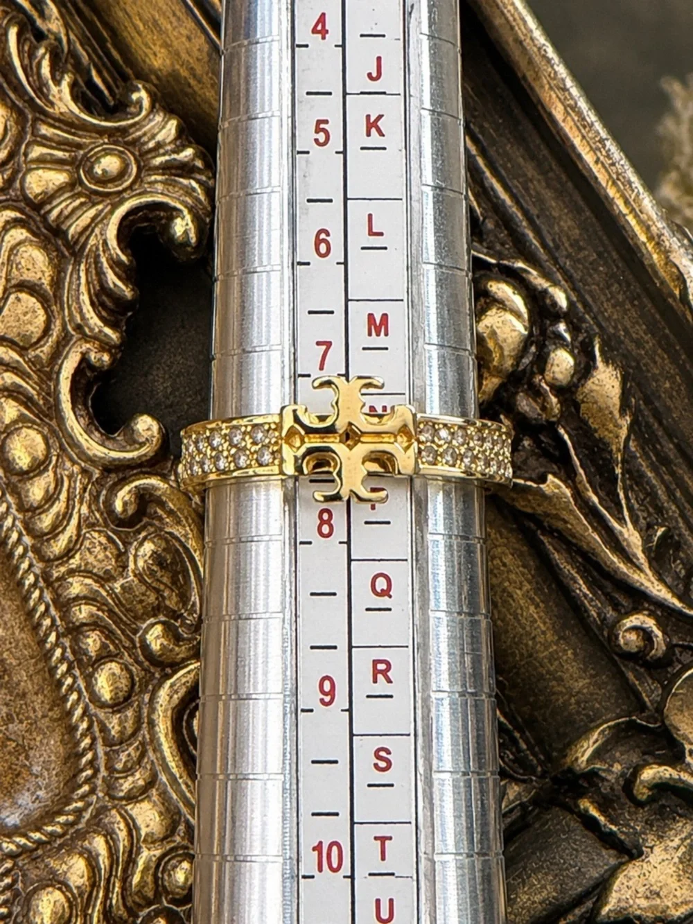 TORY BURCH • Gold Double T Crystal Logo Ring Includes Tory Burch Jewelry Bag